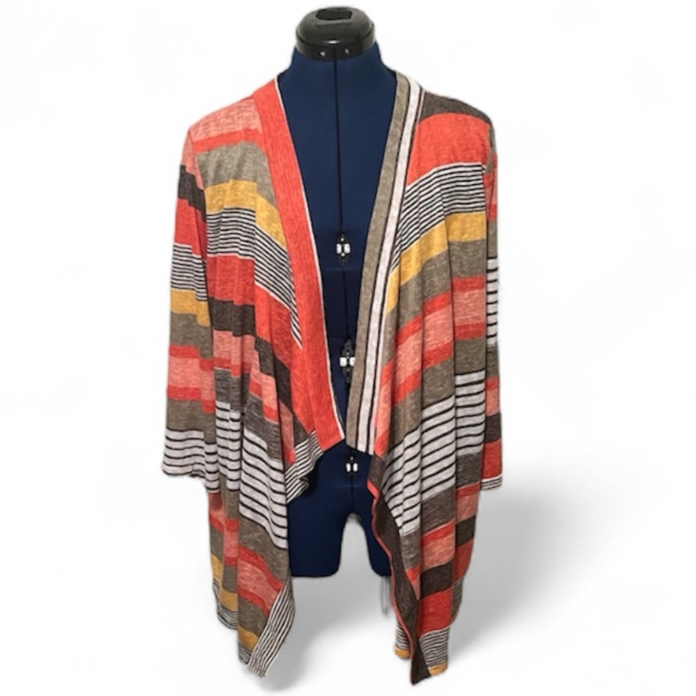 Dearcase Flamingo Sweater 3/4 Waterfall Cardigan Orange Gray Yellow Stripe Sz XL